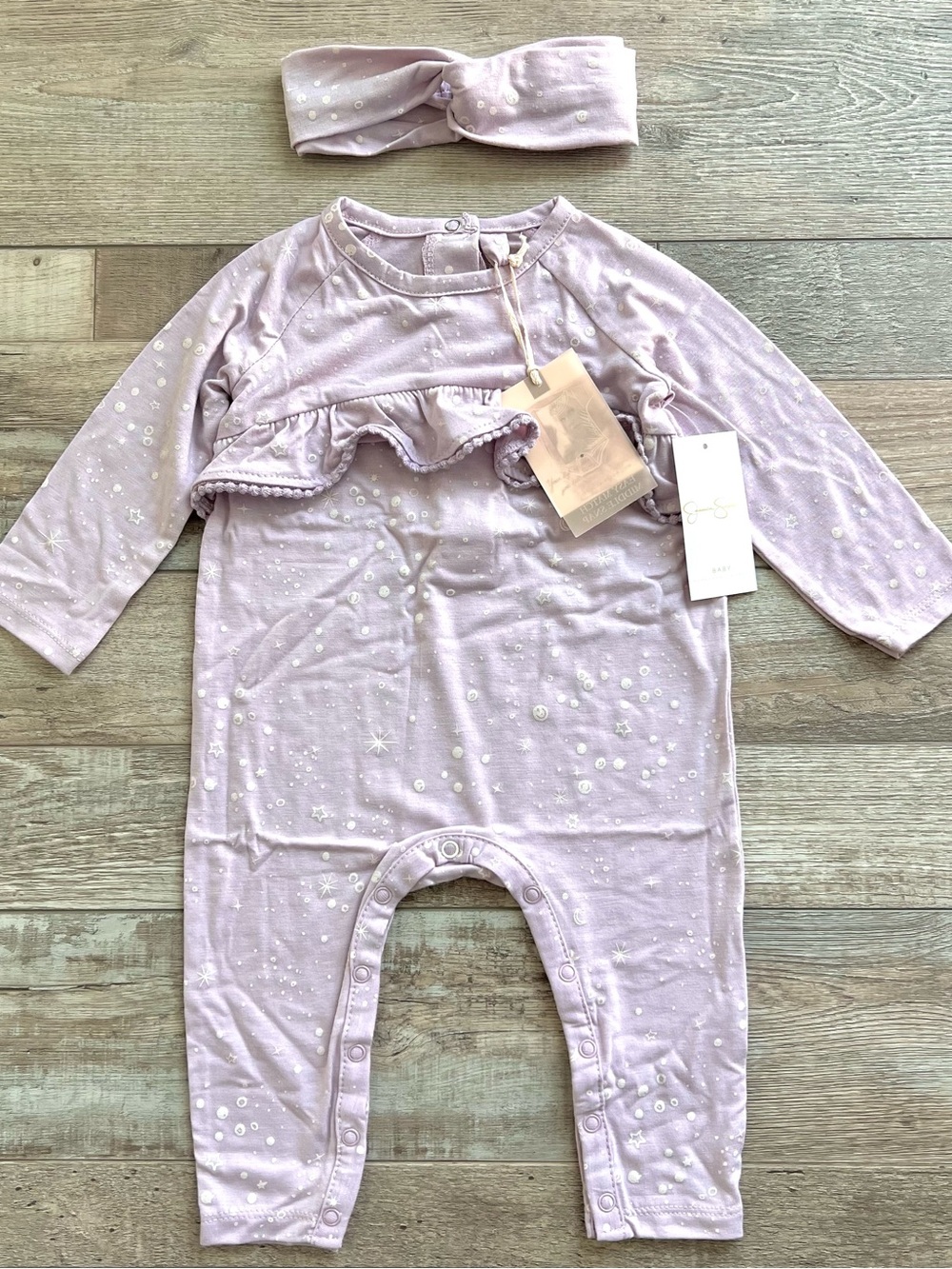 NWT Jessica Simpson Lavender Moondust Coverall and Headband Set Size 12 Months